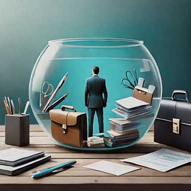 A man in a suit surrounded by a briefcase, etc. is in a transparent fishbowl