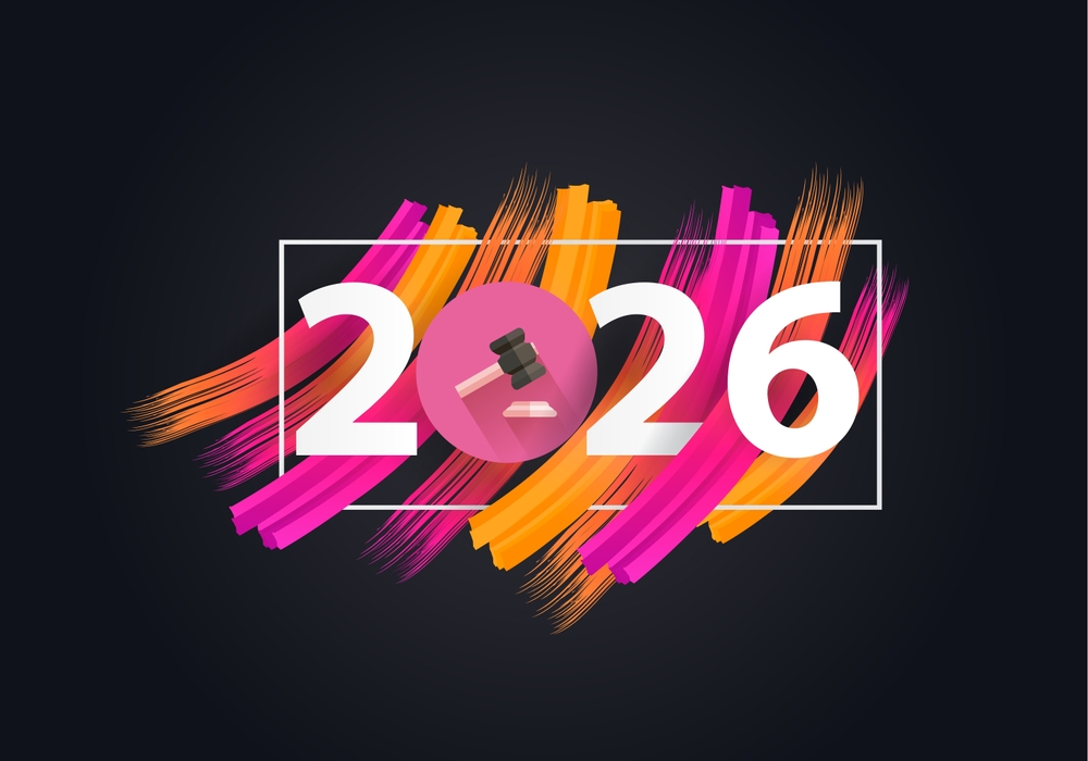 The year "2026" colorfully written with a gavel in the center of the 0.