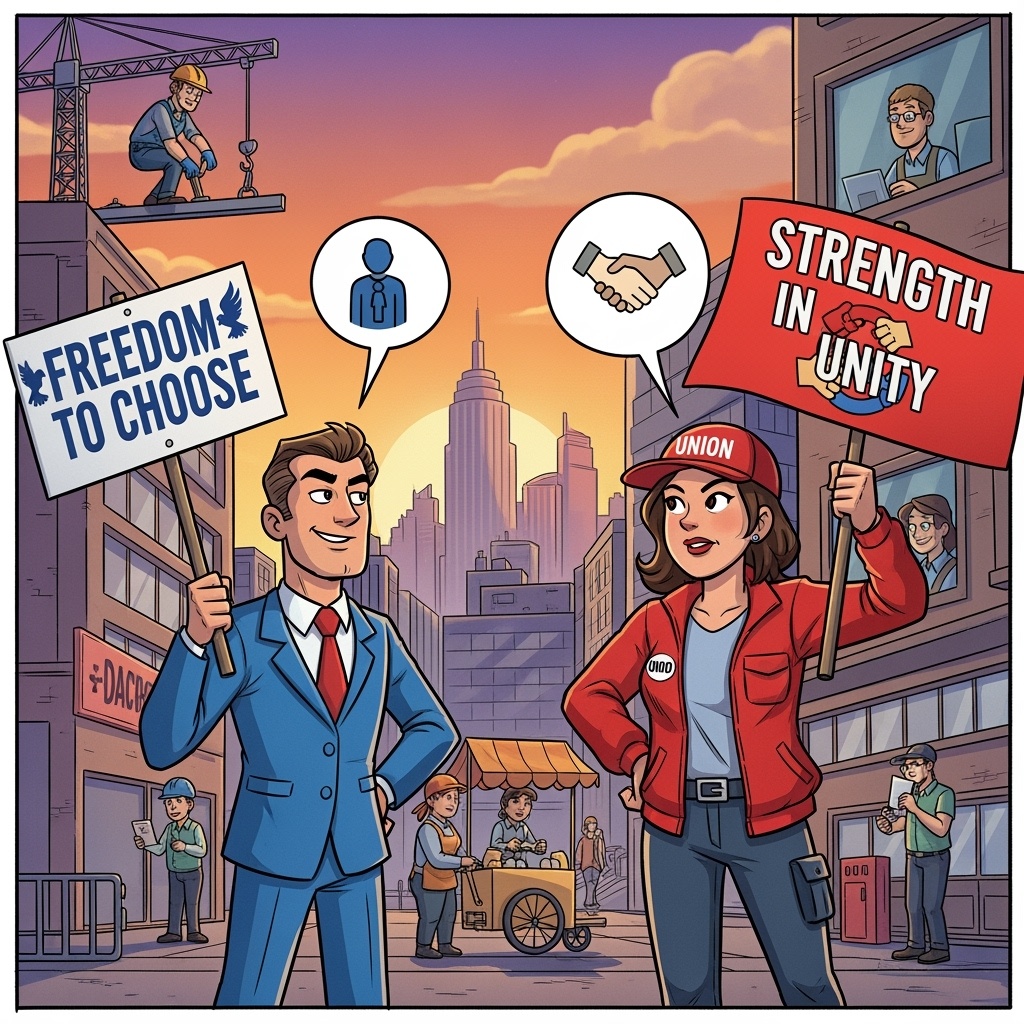Cartoon with 2 opposing figures, one a man in blue holding a sign that says "freedom to choose," and the other a woman in red, holding a sign that says "strength in unity."