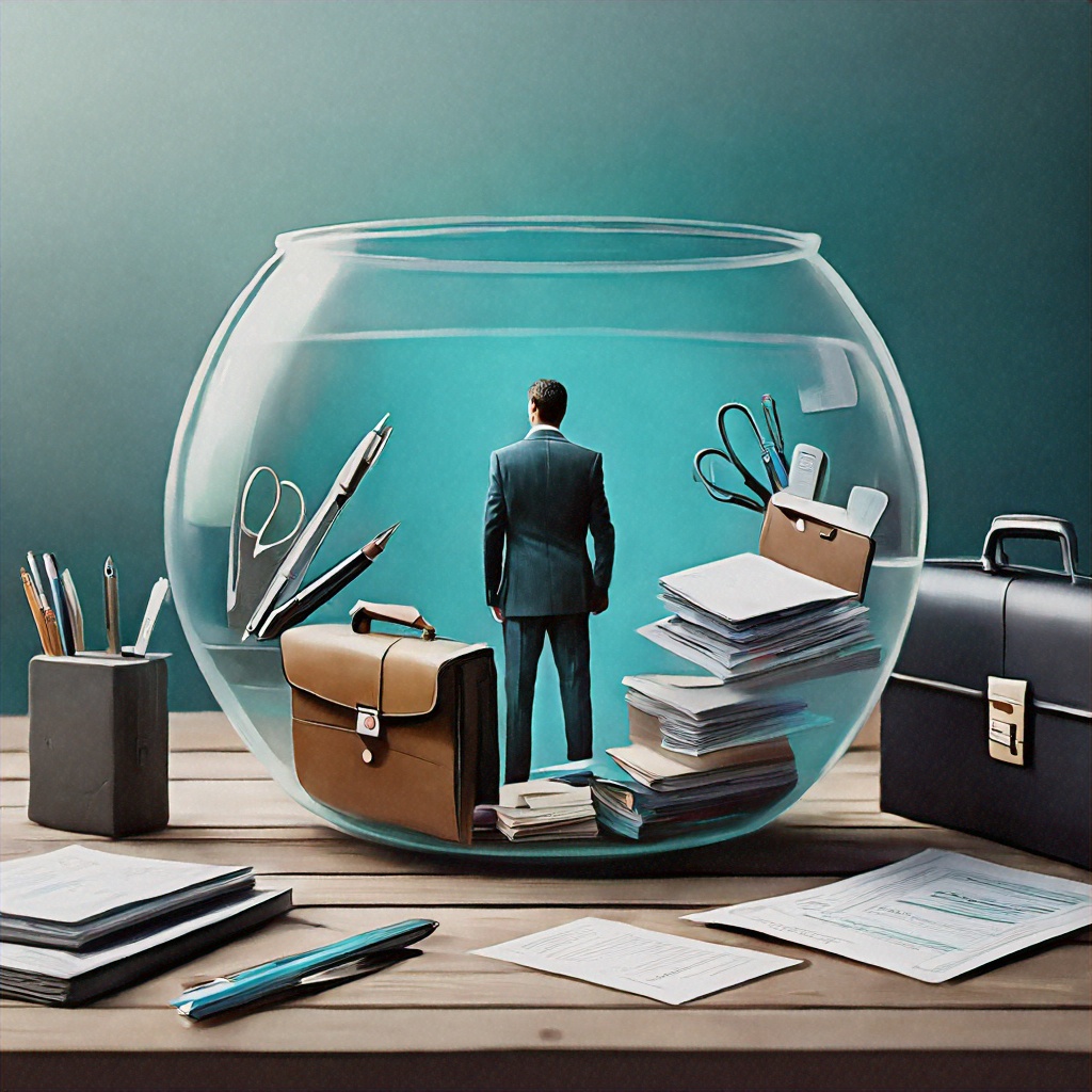 A man in a suit surrounded by a briefcase, etc. is in a transparent fishbowl