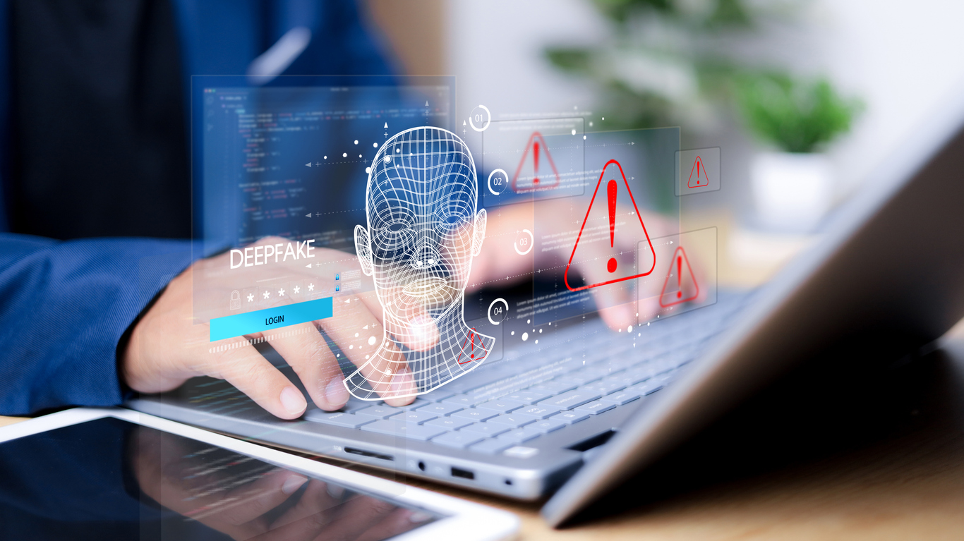 Deepfake concept, Facial tracking, detection and recognition technology, Security system. Cyber security and Security password login online concept.