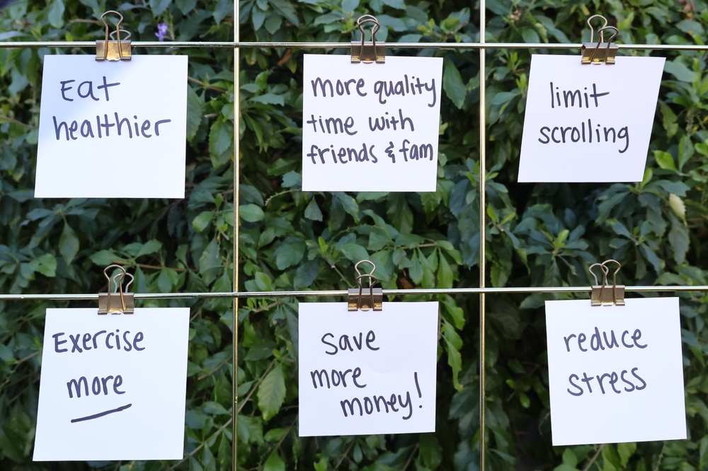 Resolutions written on small pieces of paper attached to a sort of vision board